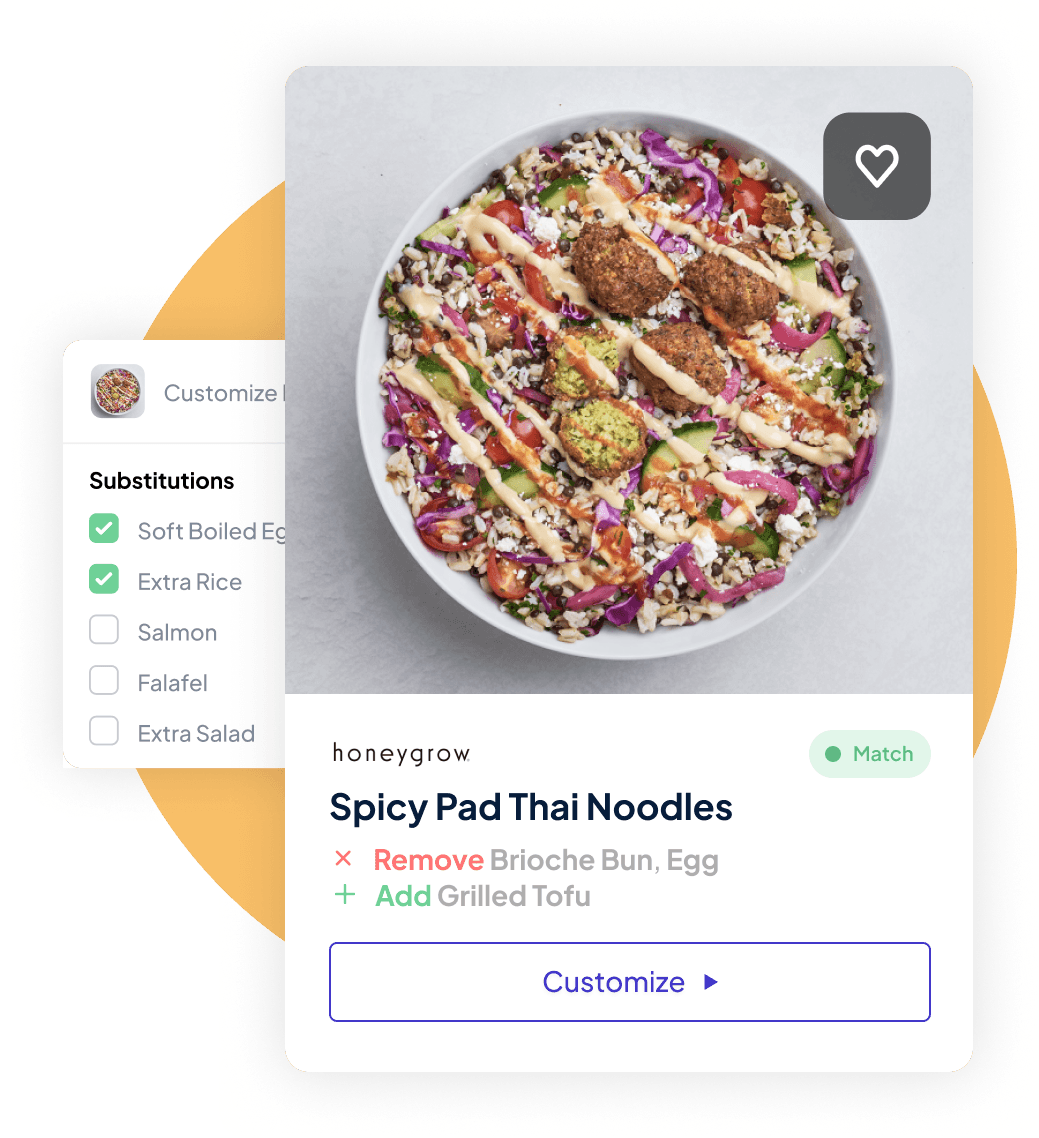 Menu interface showing customization of spicy pad thai noodles