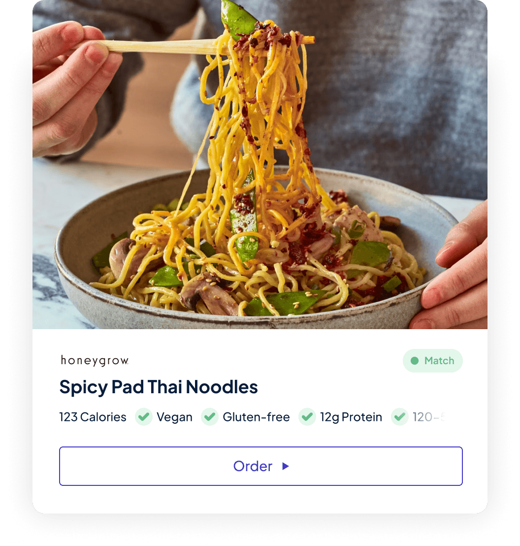 Menu interface showing spicy pad thai noodles